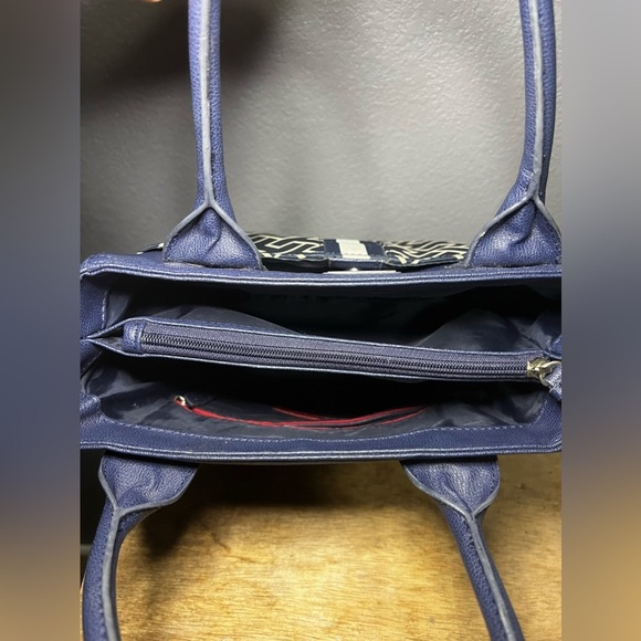 Tommy Hilfiger Purse Navy Beige Canvas Fabric Faux Leather Trim Handbag Tote - Picture 5 of 6
